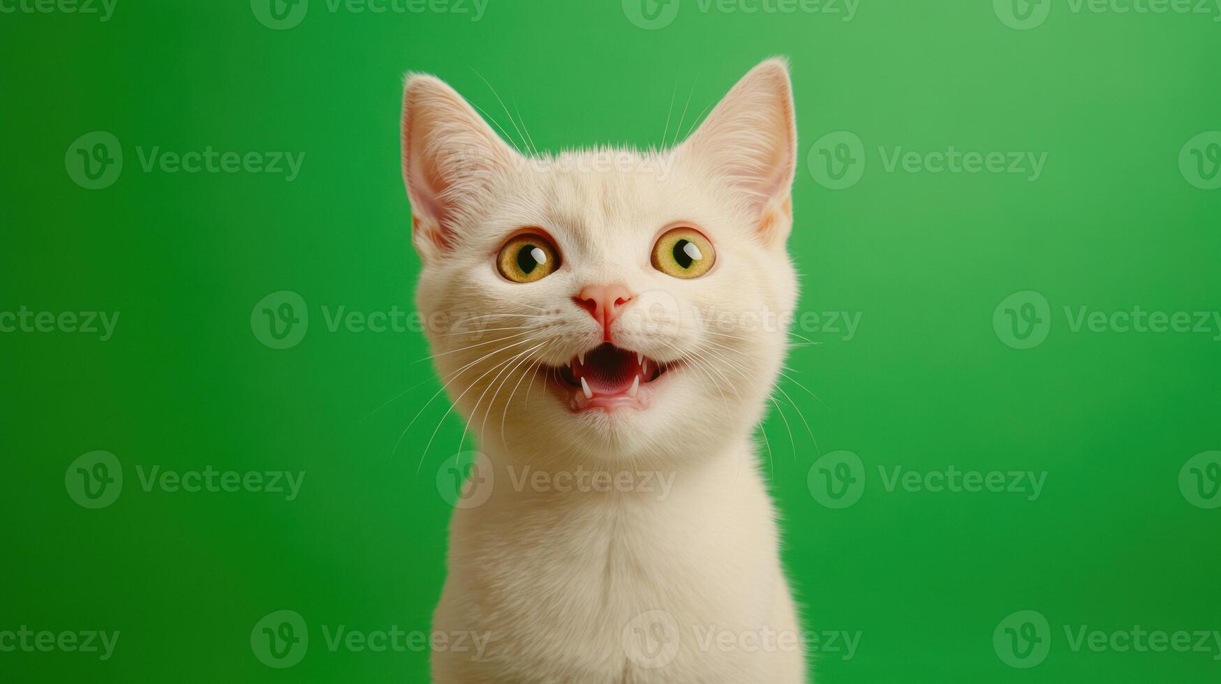 A cheerful white cat smiling against a vibrant green background. photo