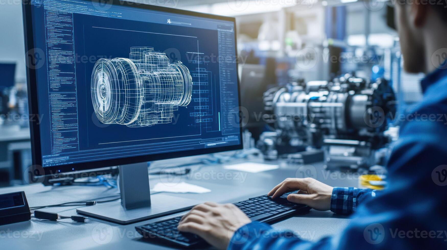 A person working on a computer with a technical 3D engine blueprint displayed. photo