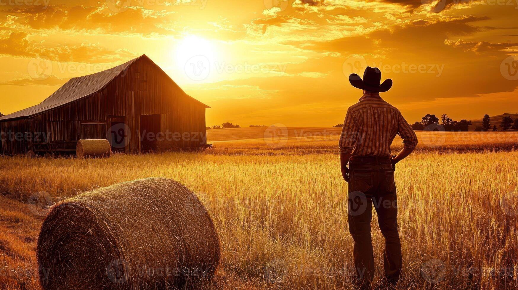 A cowboy stands in a golden field at sunset, gazing towards the barn. photo