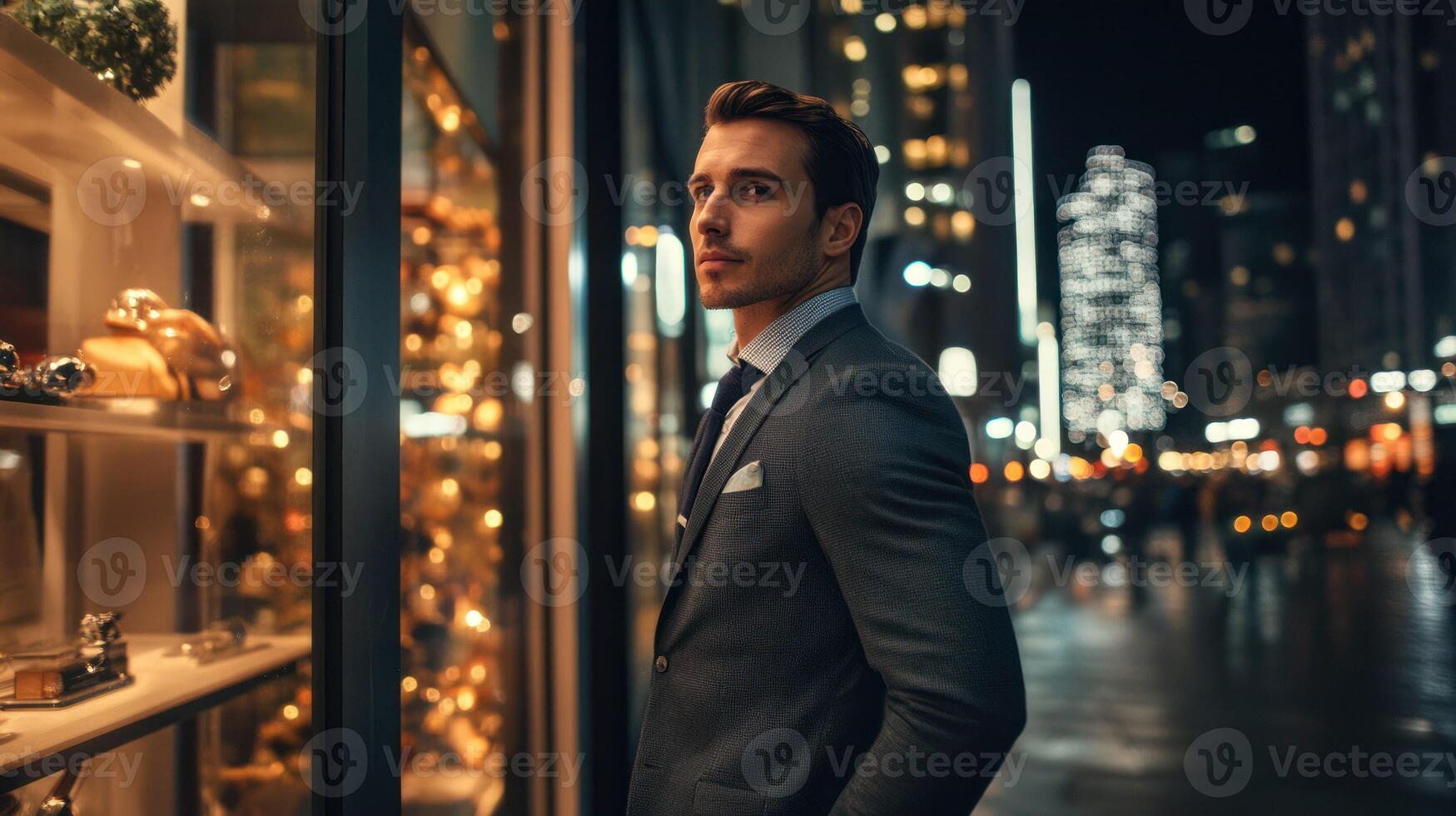 A stylish man in a suit stands confidently by a city storefront at night. photo