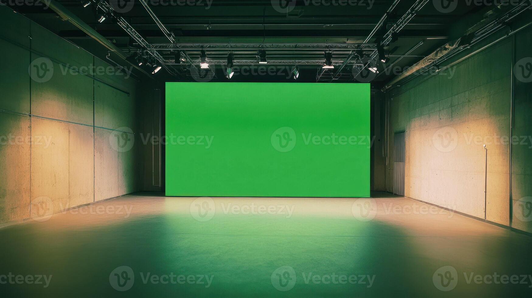 An empty studio with a large green screen for versatile creative use. photo