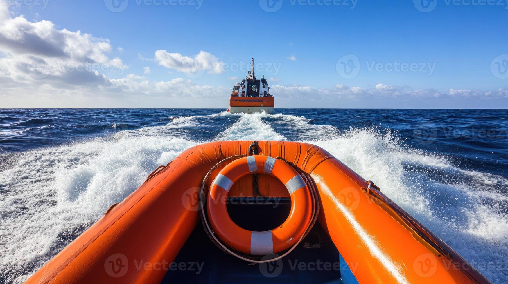 A vibrant rescue boat navigating waves with a ship in the distance. photo