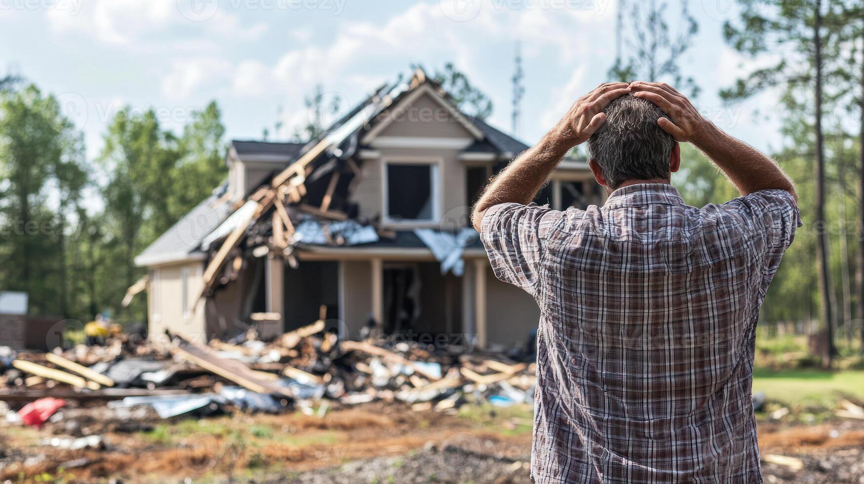 A man stands in despair before a damaged home, surrounded by destruction. photo