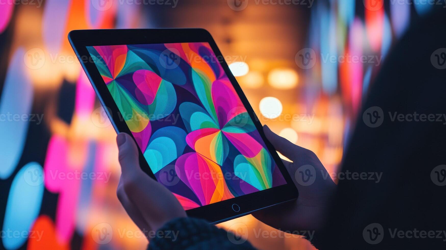 A person holding a vibrant, abstract design tablet in a colorful setting. photo