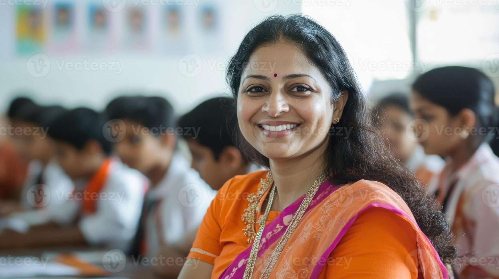 A smiling teacher in a classroom surrounded by engaged students. photo