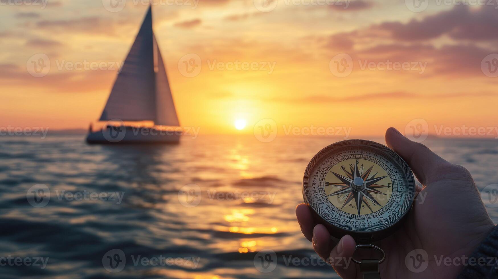 A hand holds a compass against a sunset with a sailboat in the background. photo