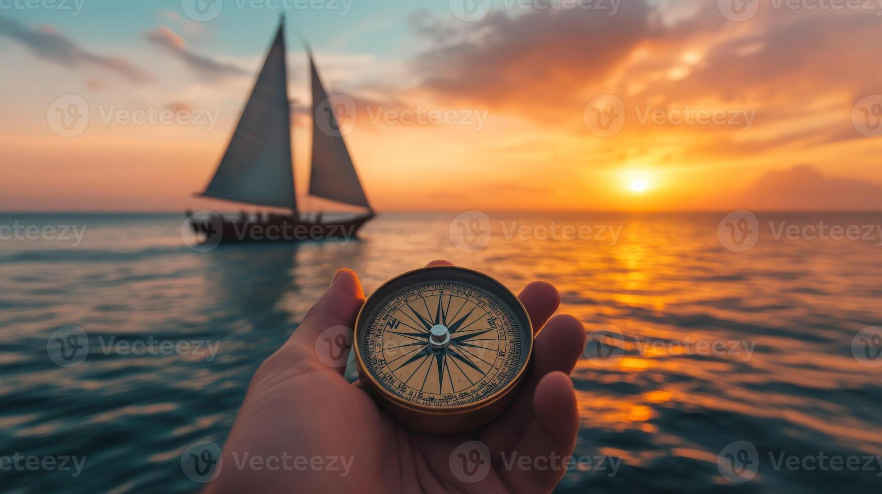 A hand holding a compass, with a sailboat on a sunset ocean backdrop. photo