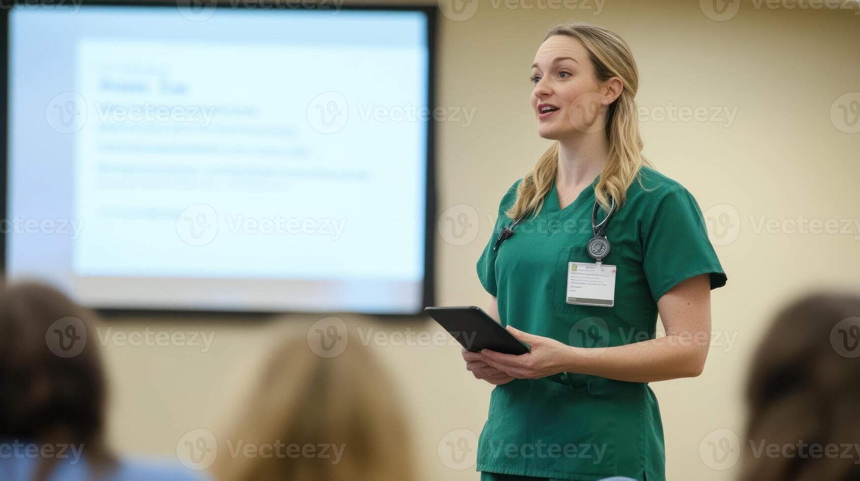 A nurse engaging an audience with a presentation in a medical training setting. photo