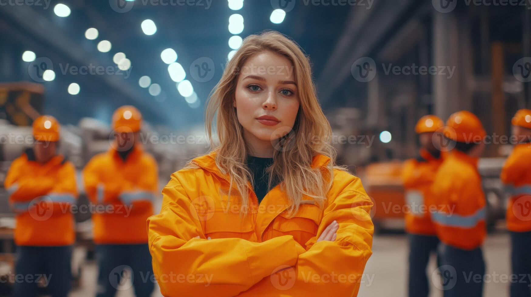 A confident woman in an orange jacket stands in an industrial setting. photo