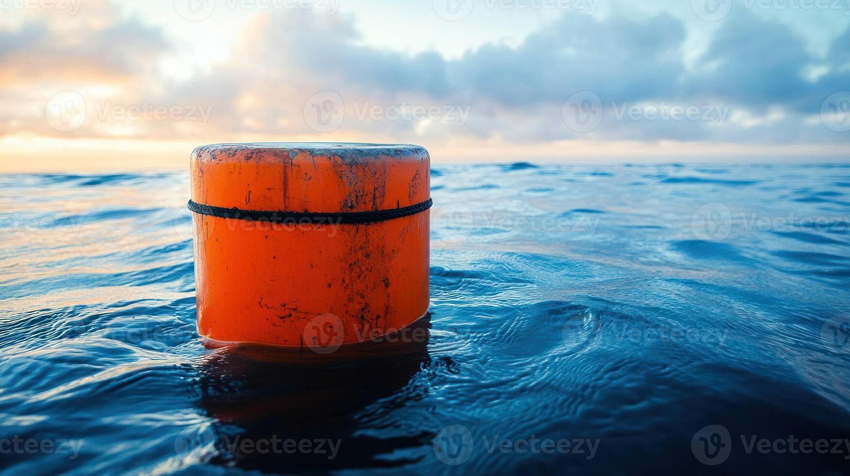 An orange buoy floating in calm ocean waters during sunset. photo
