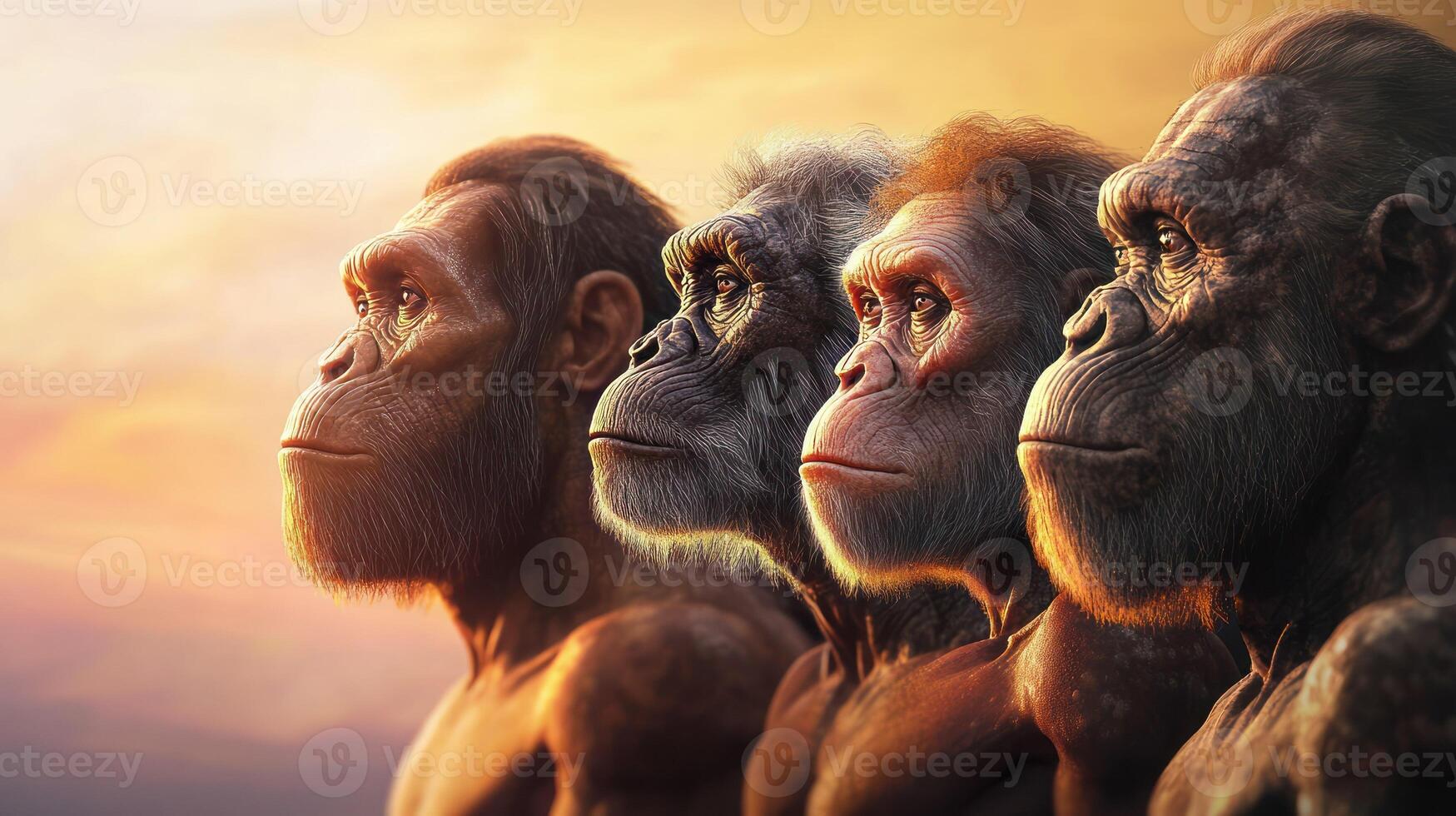 Four hominids in profile against a vibrant sunset backdrop. photo