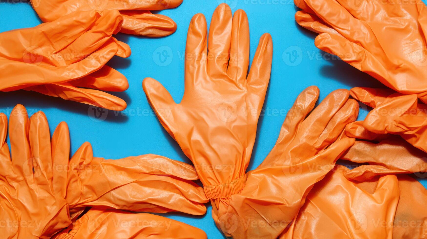 A vibrant arrangement of orange gloves on a blue background. photo
