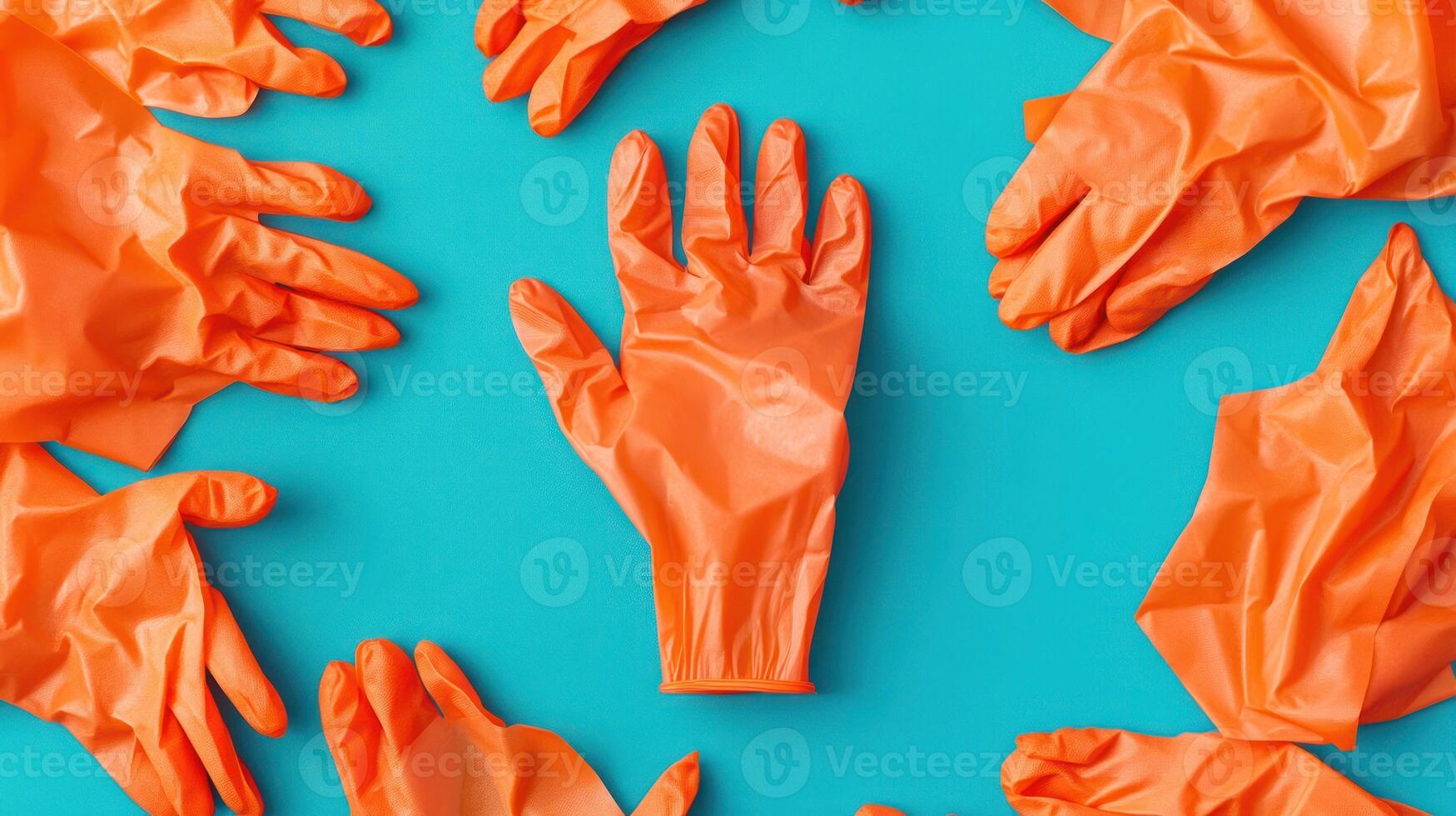 Bright orange rubber gloves on a vibrant blue background. photo