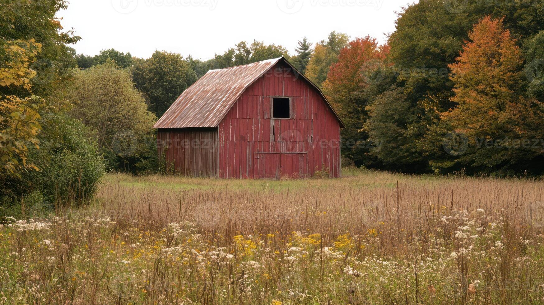 A rustic red barn surrounded by autumn foliage in a serene landscape. photo
