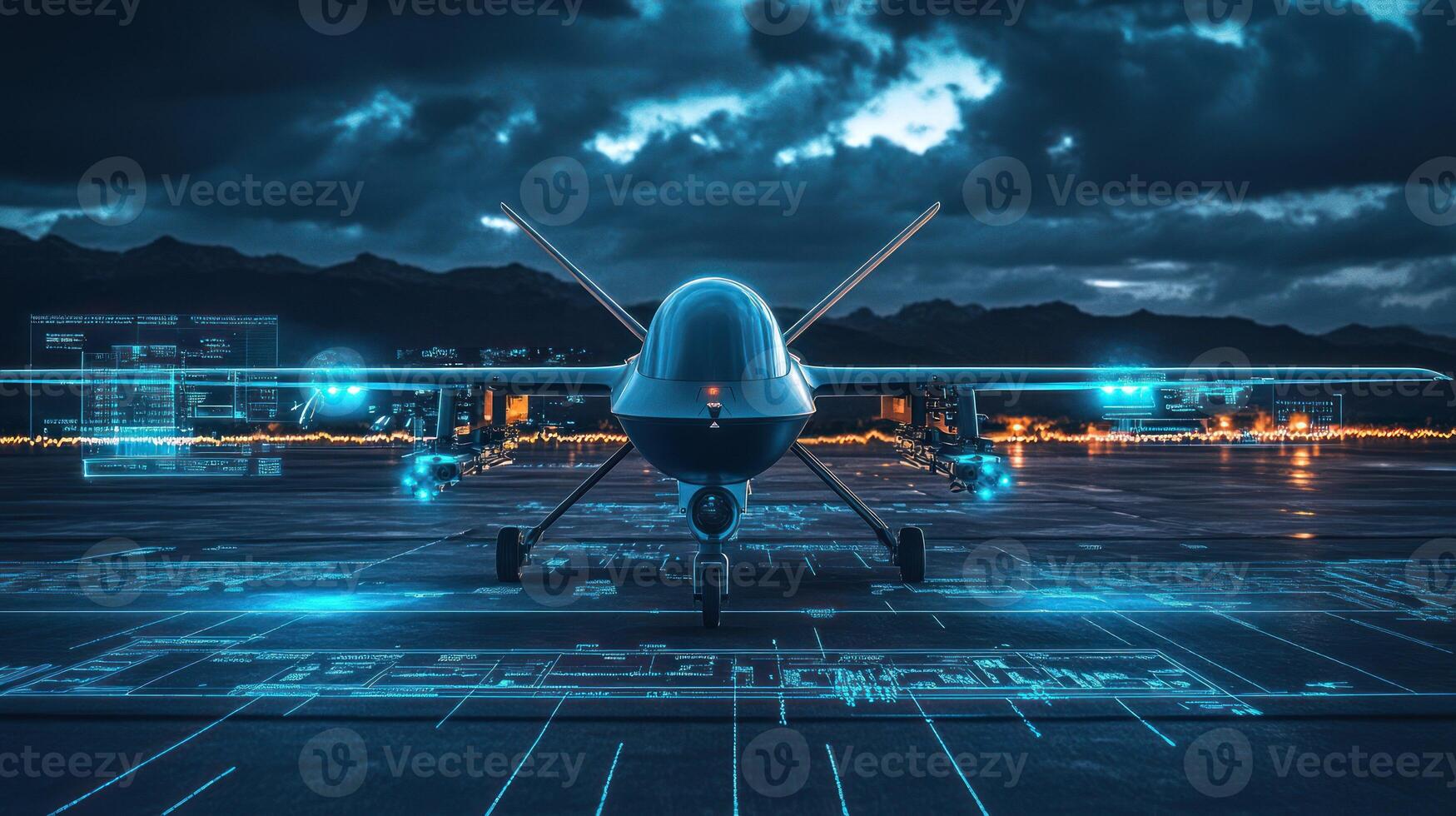 Futuristic drone on a runway with a high tech environment at night. photo