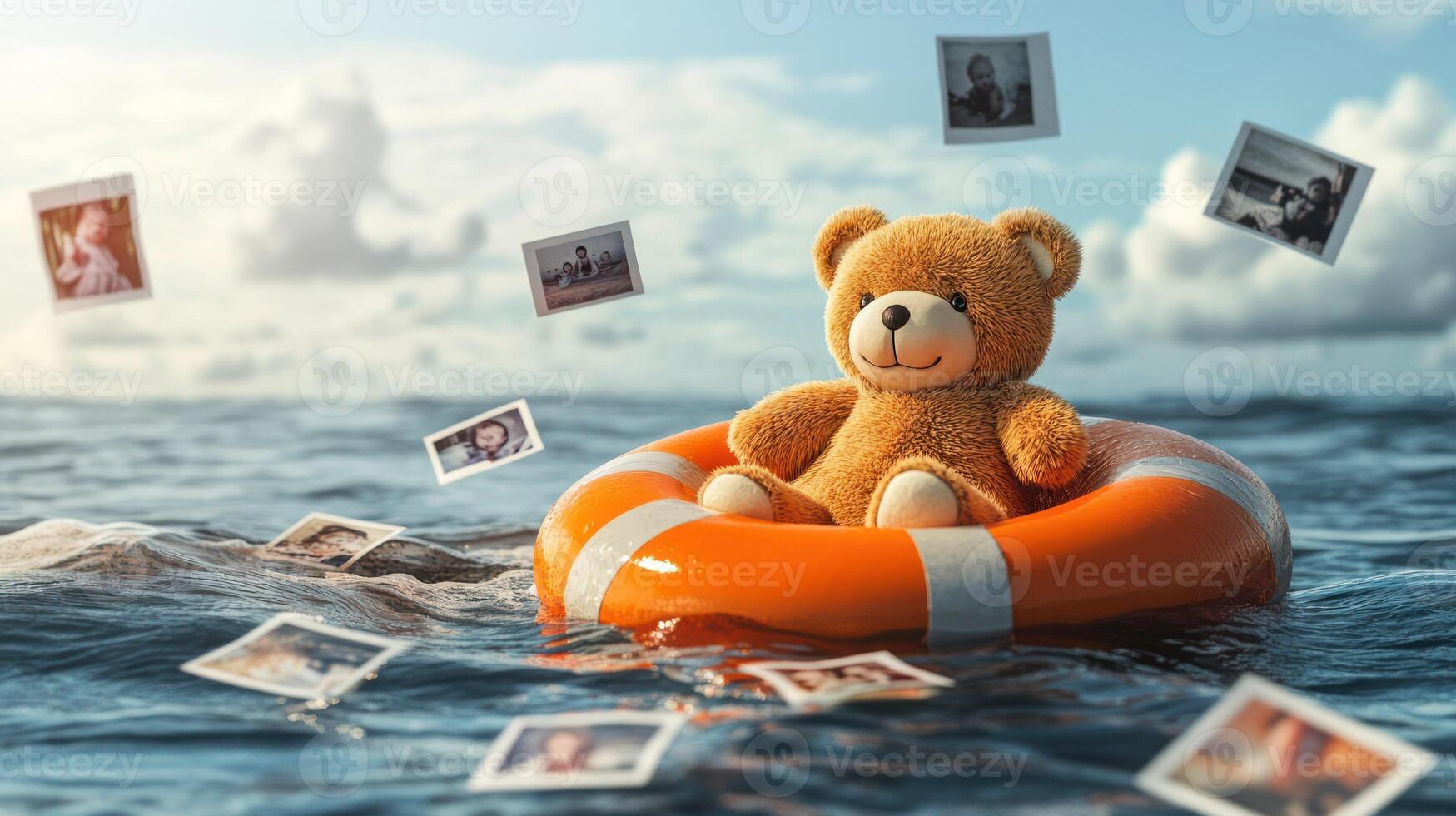 A teddy bear floats on a lifebuoy surrounded by nostalgic photos. photo