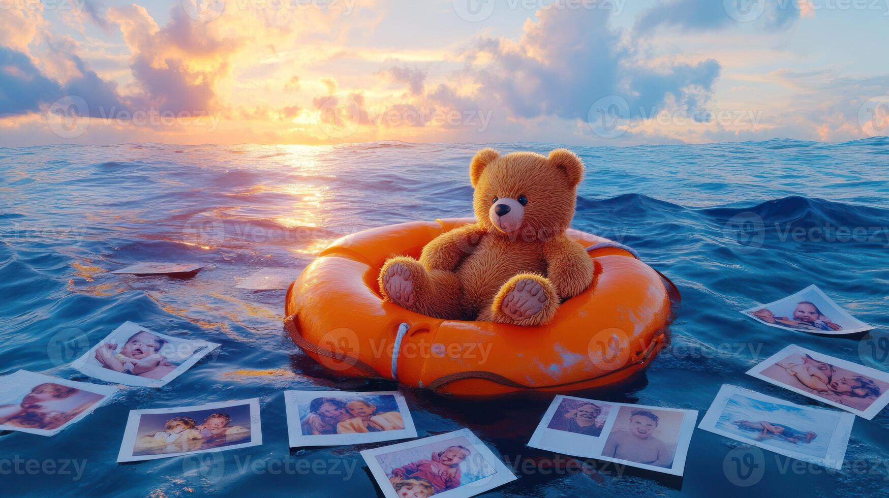 A teddy bear sits on a lifebuoy at sunset, surrounded by cherished photos. photo