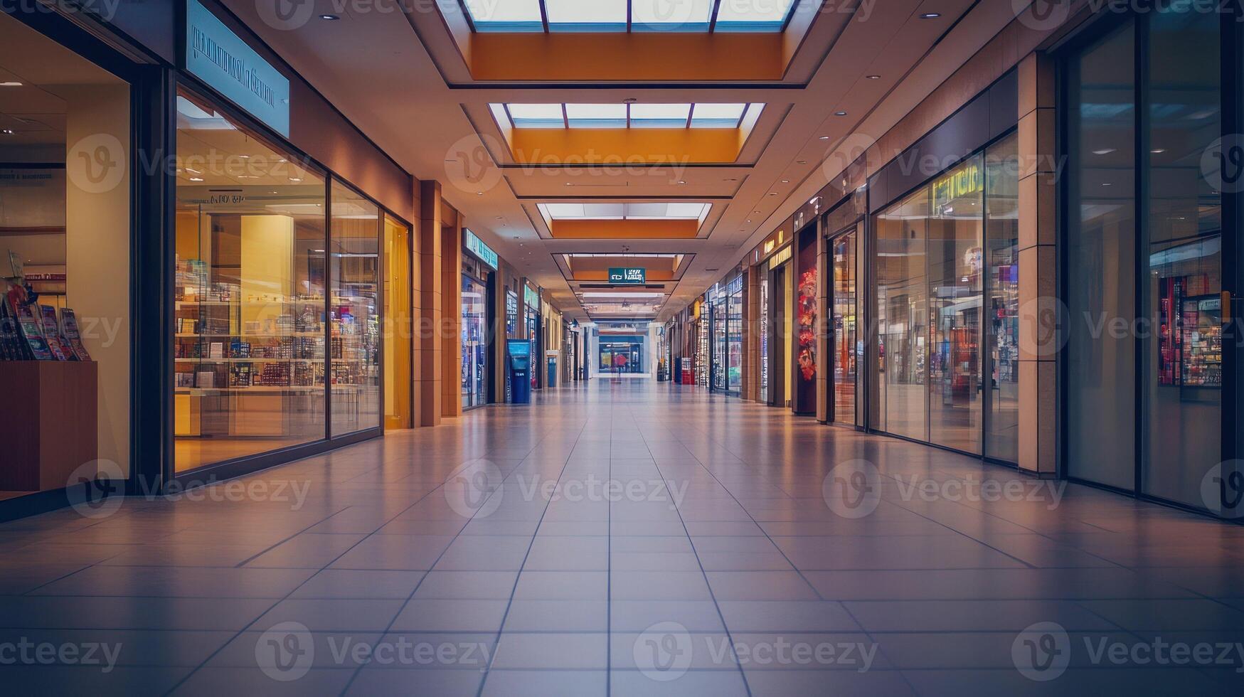 A modern shopping mall corridor featuring inviting retail spaces. photo
