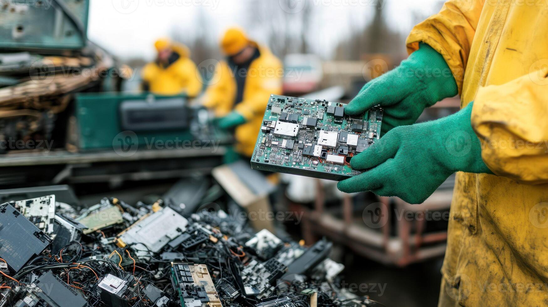 Workers handle electronic waste in a recycling environment. photo