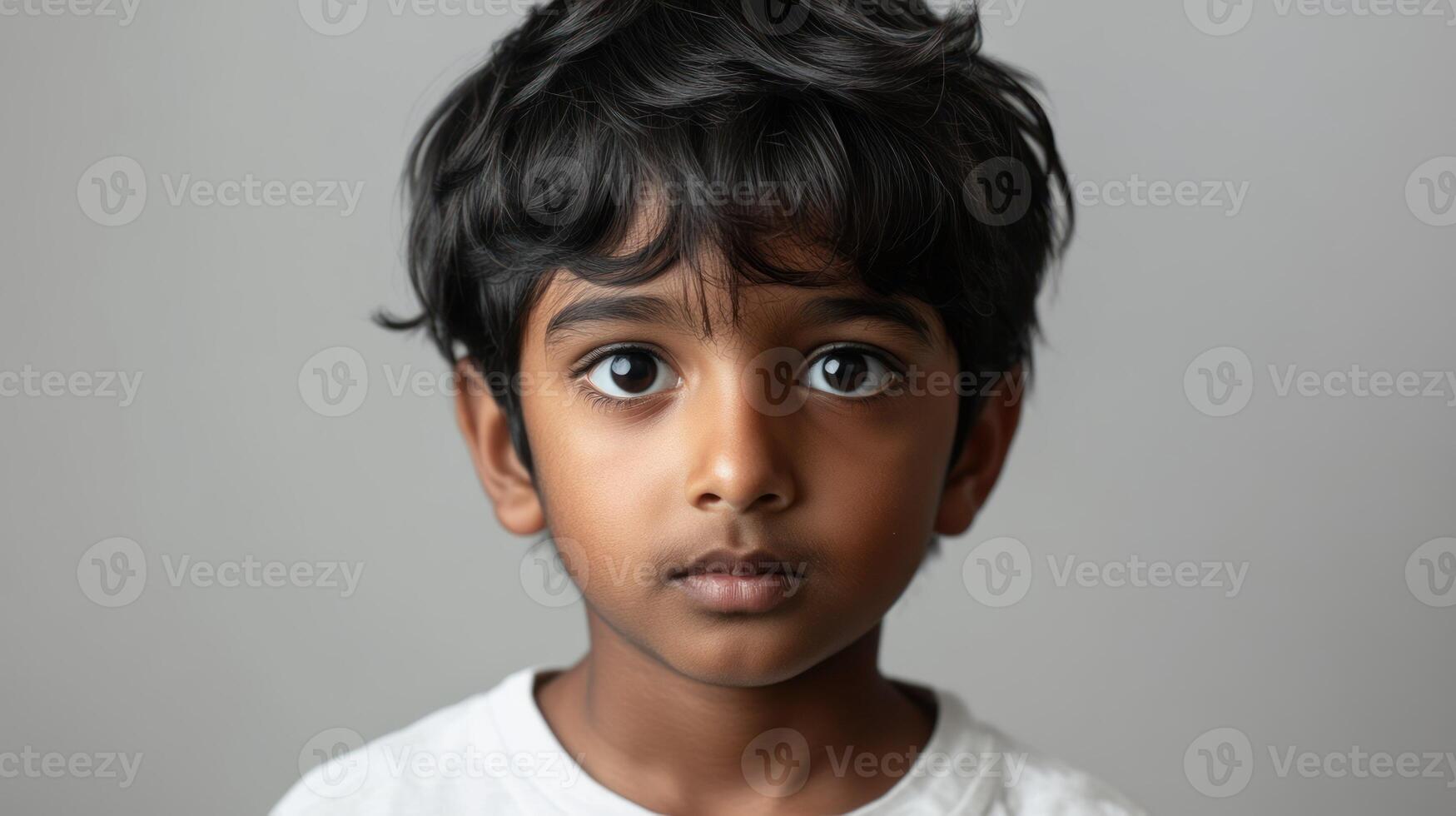 A serious portrait of a young boy with expressive eyes and natural hair. photo