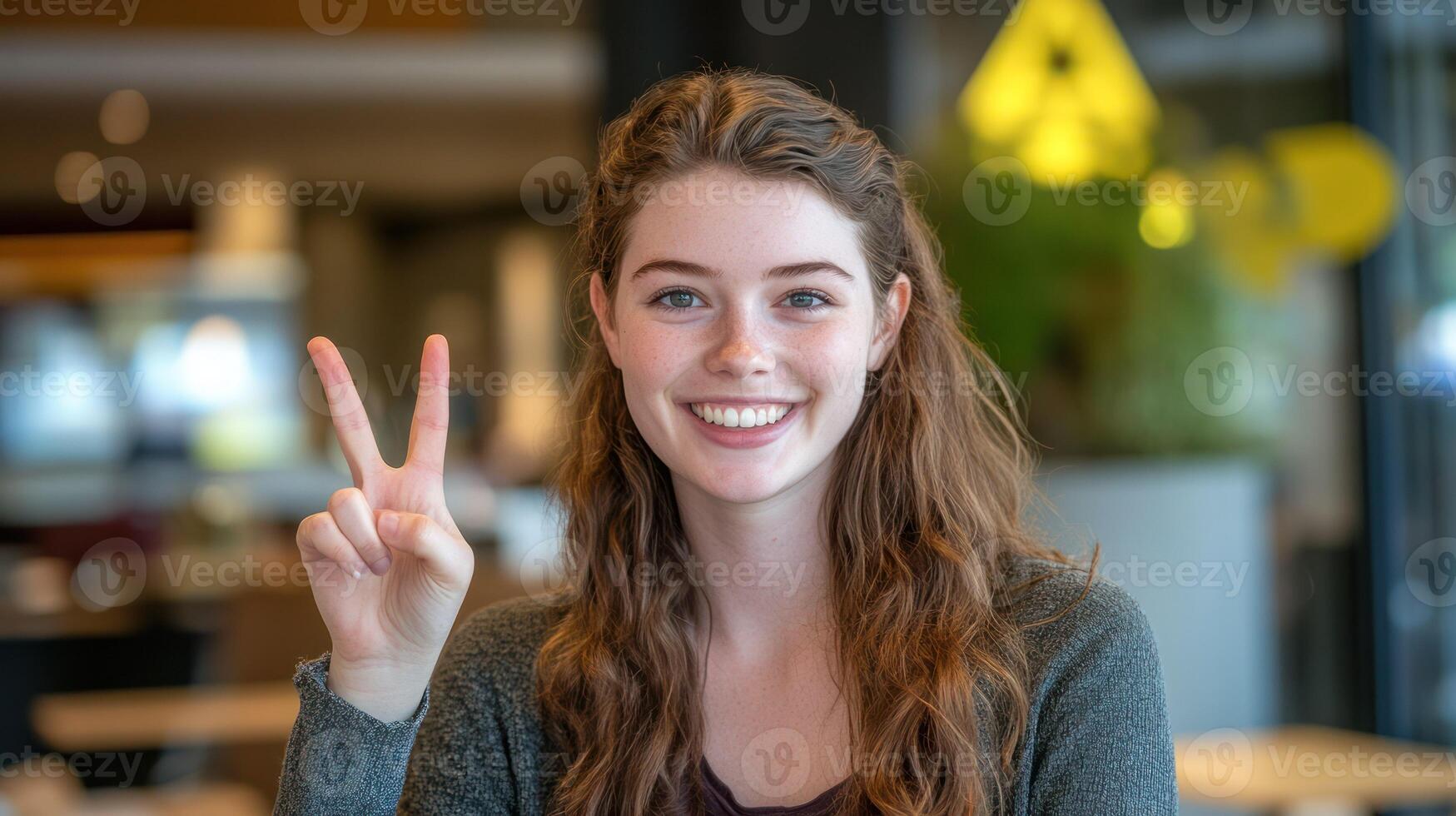 A cheerful young woman smiling and making a peace sign indoors. photo