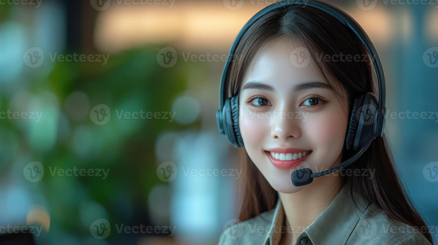 Cheerful woman in a headset, engaging in customer service communication. photo
