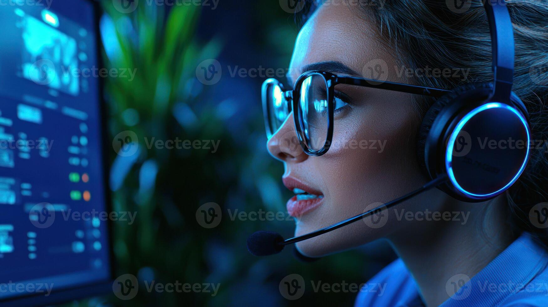 A focused woman with a headset interacting with a computer screen. photo