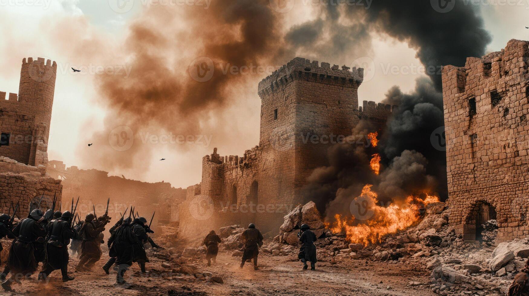 A chaotic medieval battle scene with warriors charging through ruins. photo