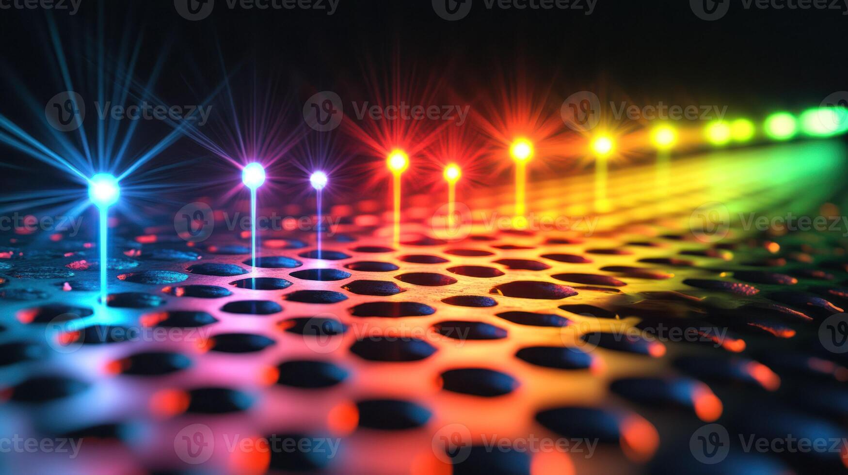 Colorful LED lights glowing on a textured metallic surface. photo