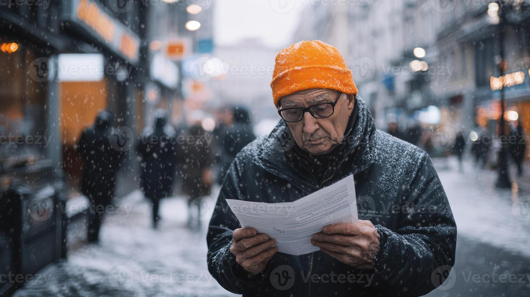 An elderly man in an orange hat reads a paper amidst falling snow. photo