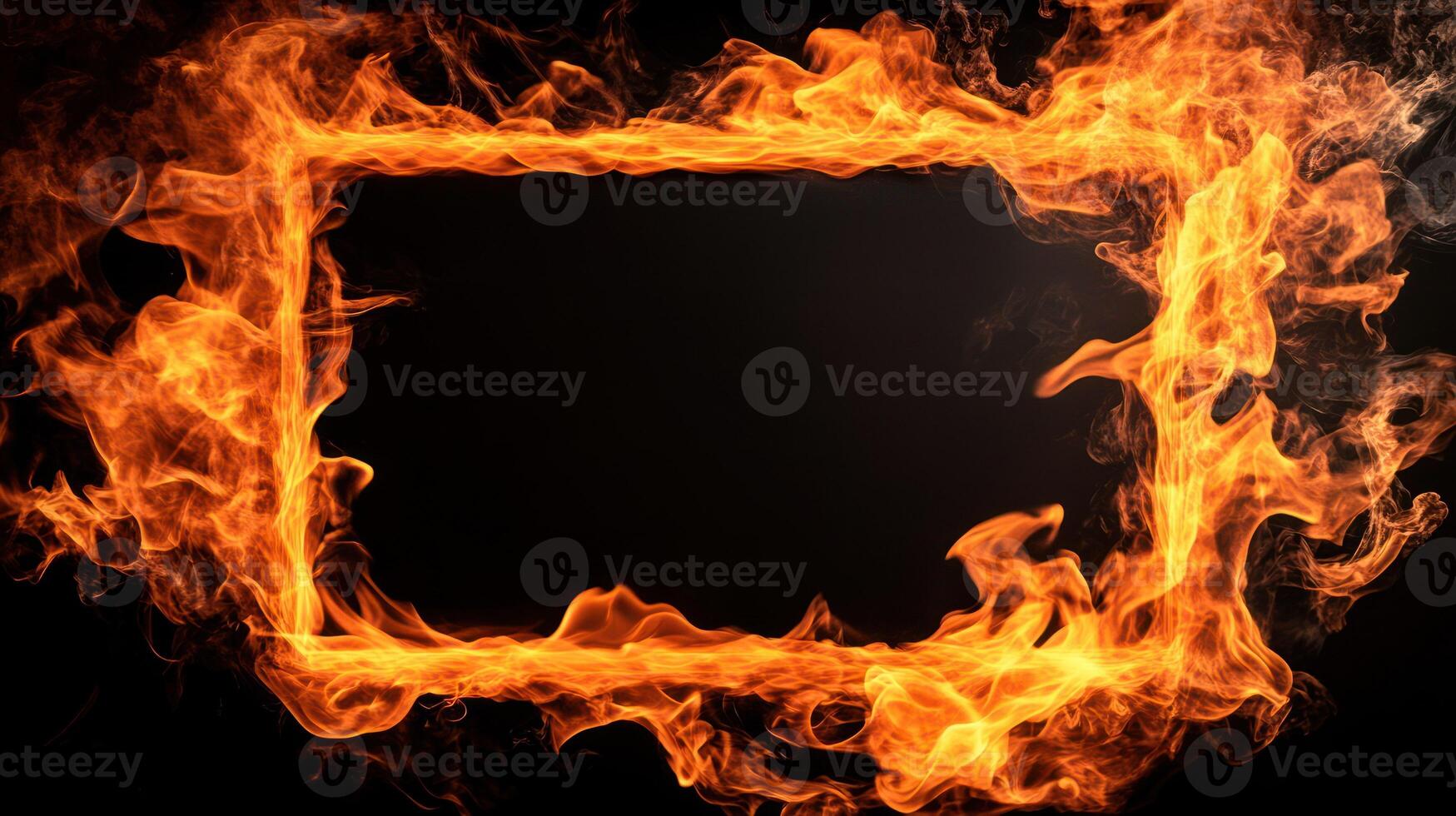 A fiery frame composed of vibrant, swirling flames against a dark backdrop. photo