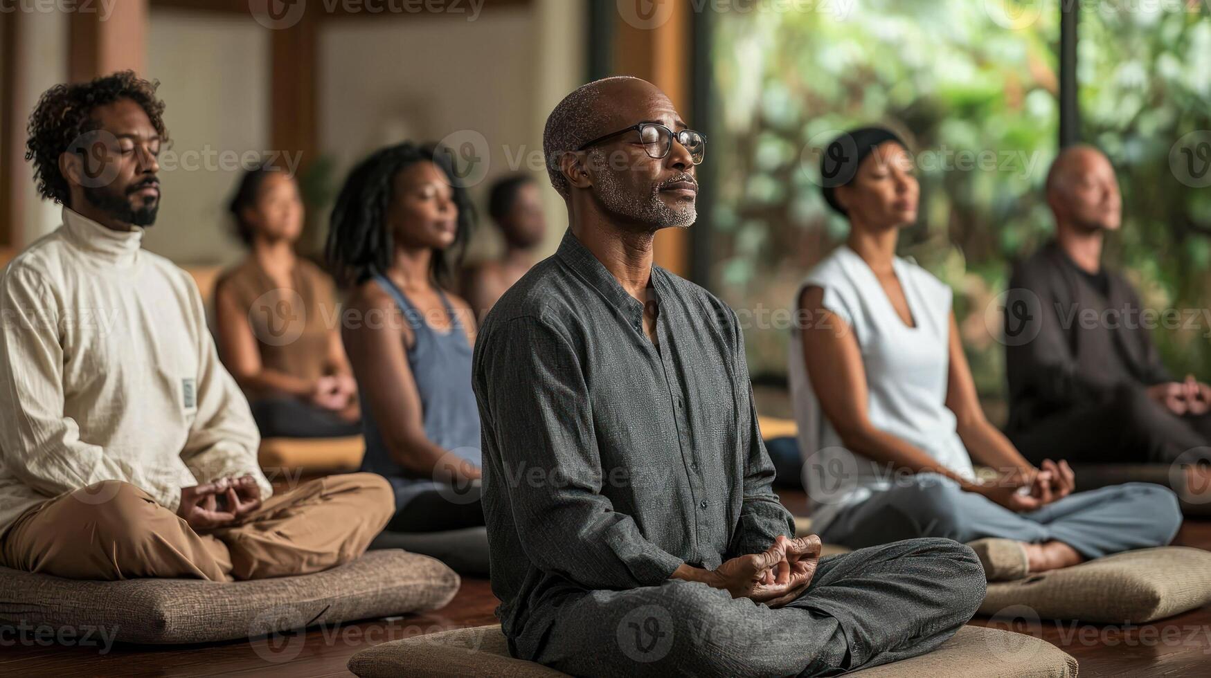 A diverse group practicing meditation in a serene indoor environment. photo