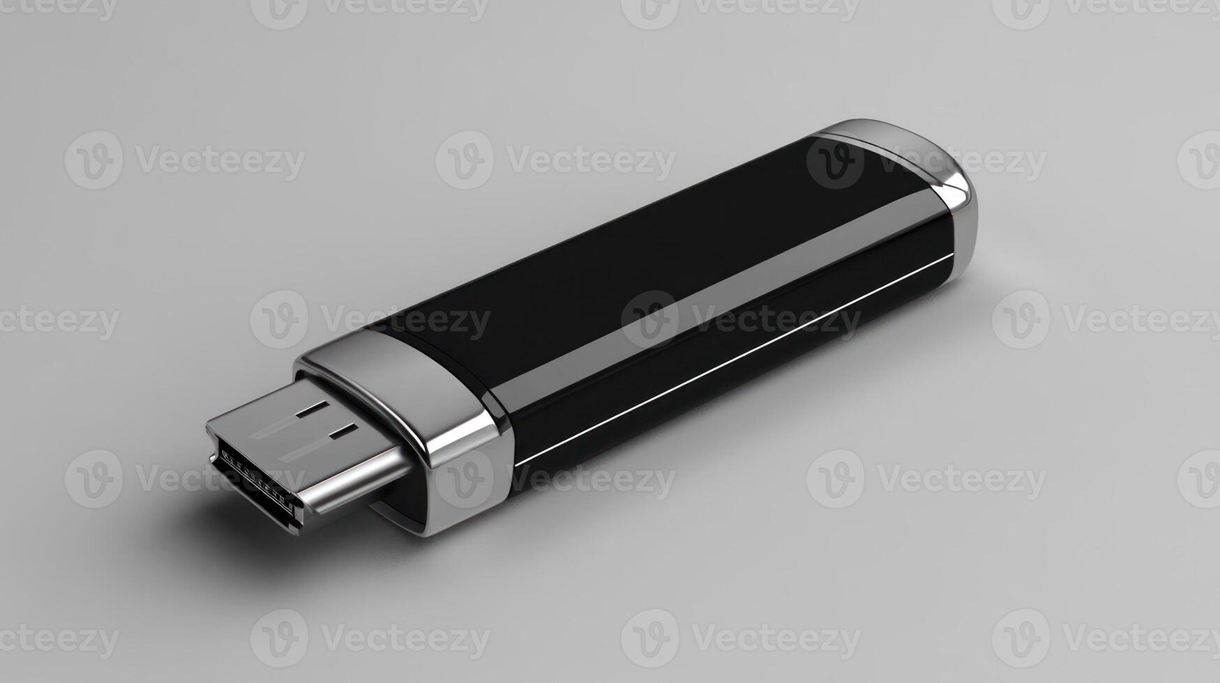 A sleek black USB drive with a silver trim on a smooth surface. photo