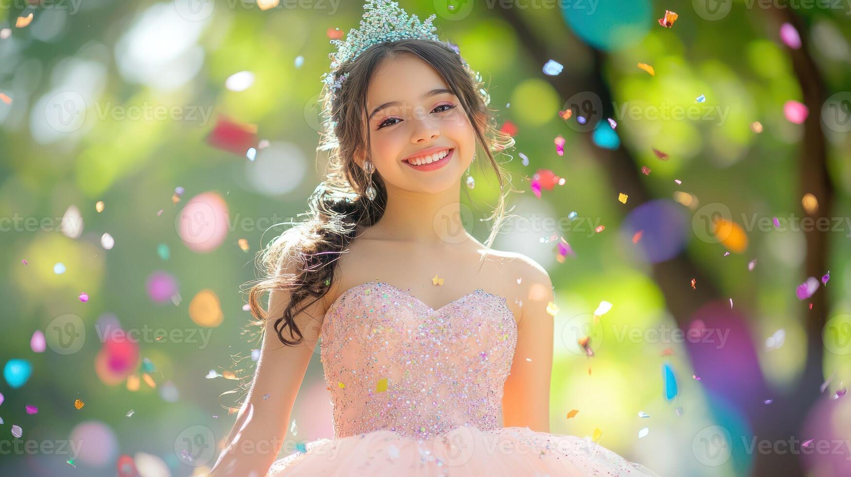 A joyful girl in a sparkling dress, celebrating with confetti outdoors. photo