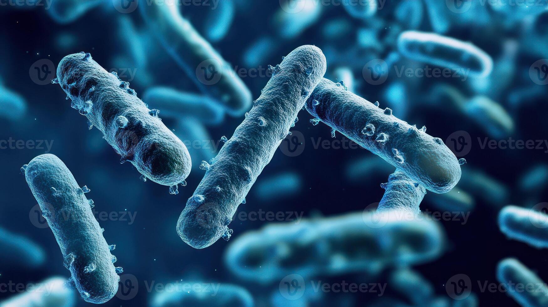 Microscopic view of bacteria in a vibrant blue environment. photo