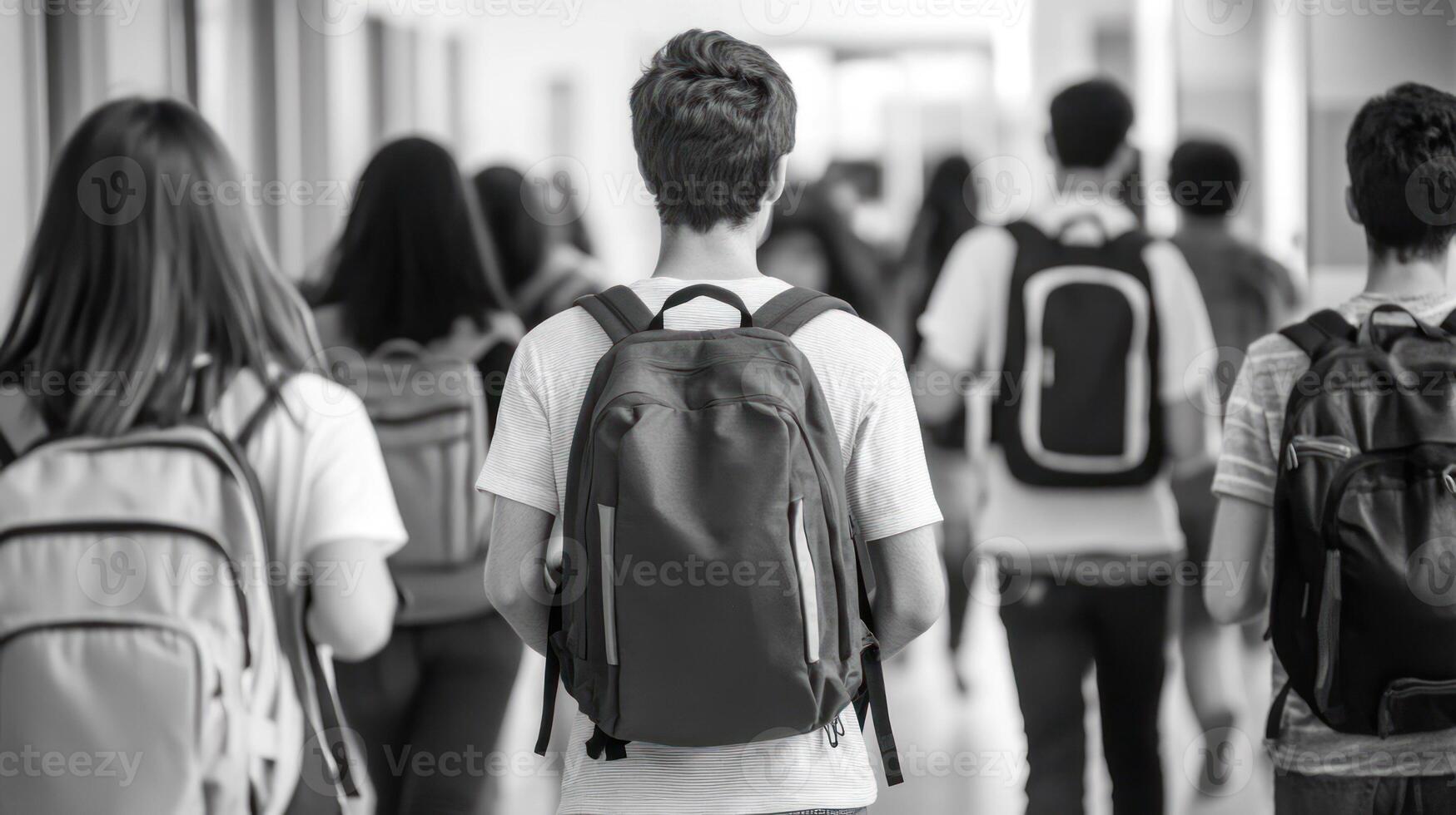 Students walking through a school hallway, creating a sense of unity. photo