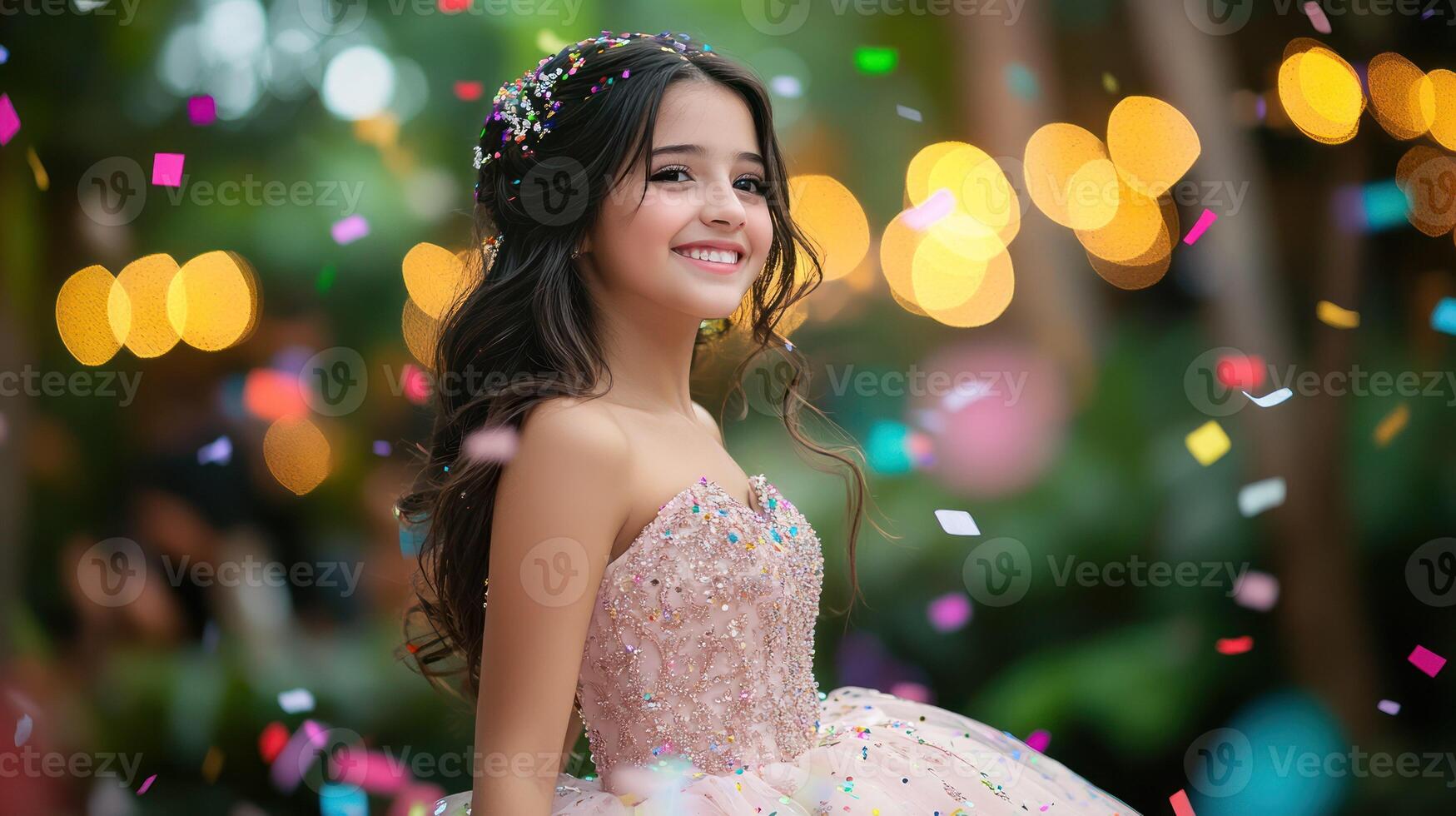 A smiling girl in a pink dress shines amidst falling confetti. photo
