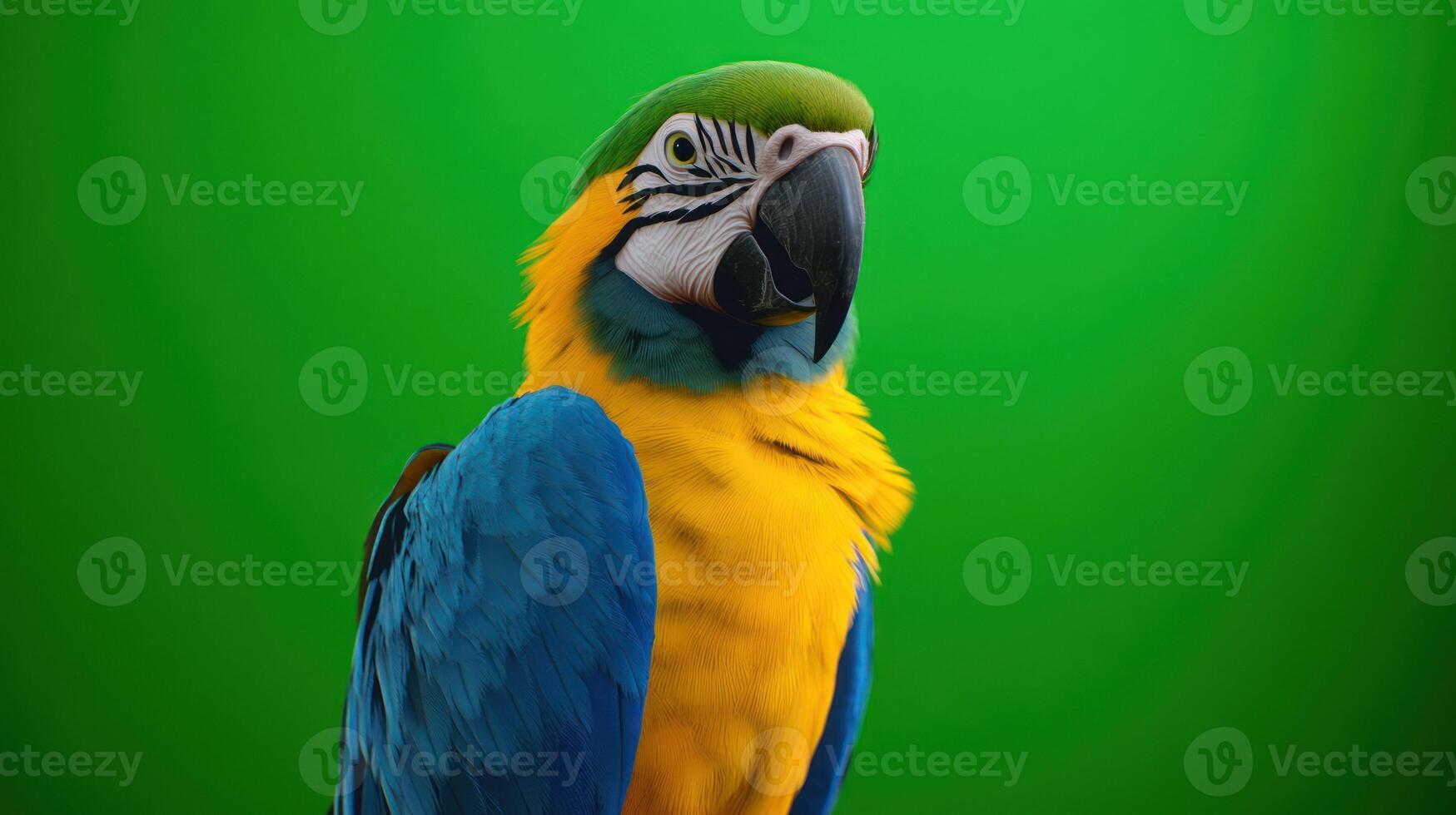 A vibrant blue and yellow parrot standing against a green backdrop. photo
