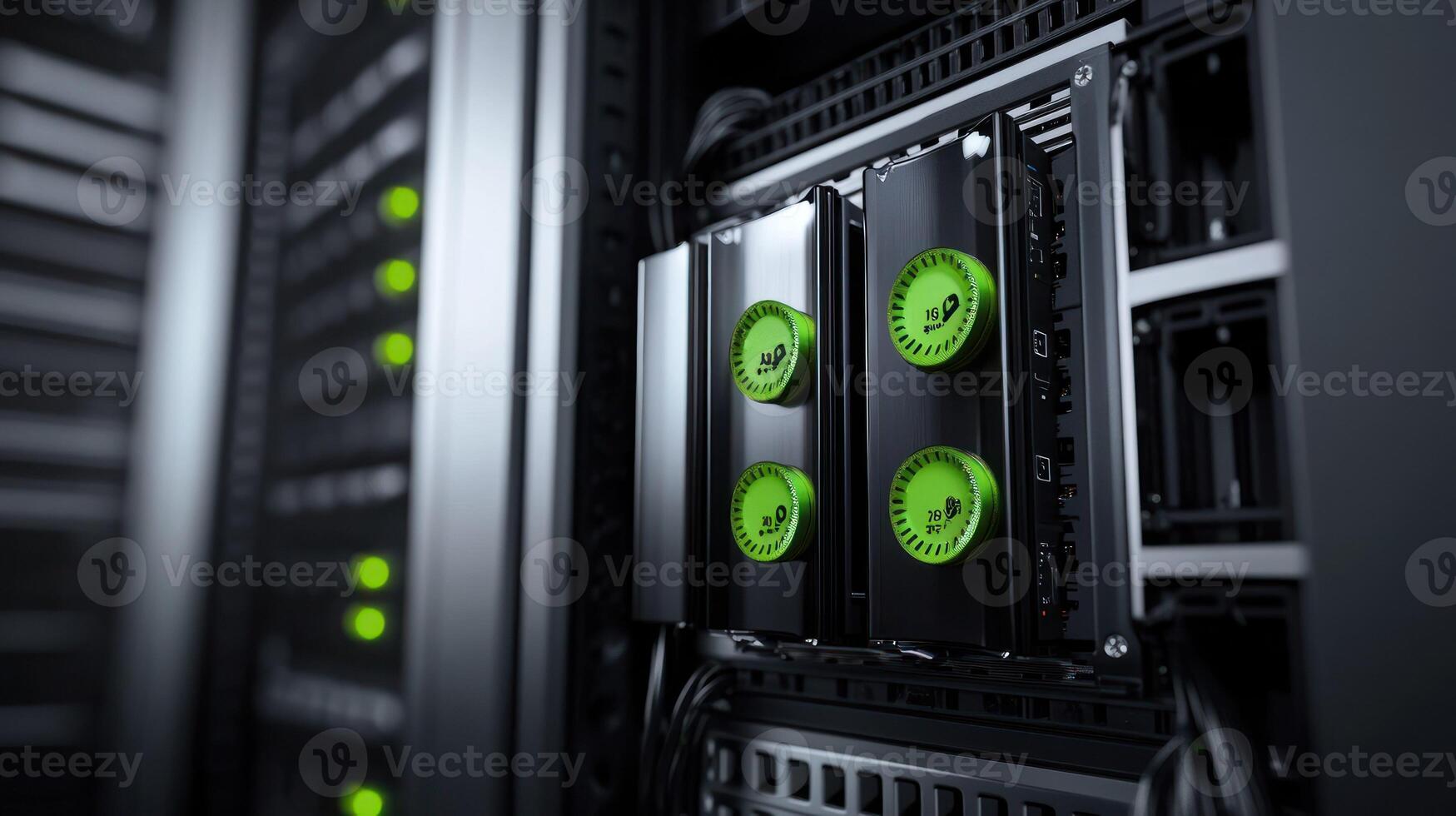 Close up of server hardware with cooling fans in a modern data center. photo