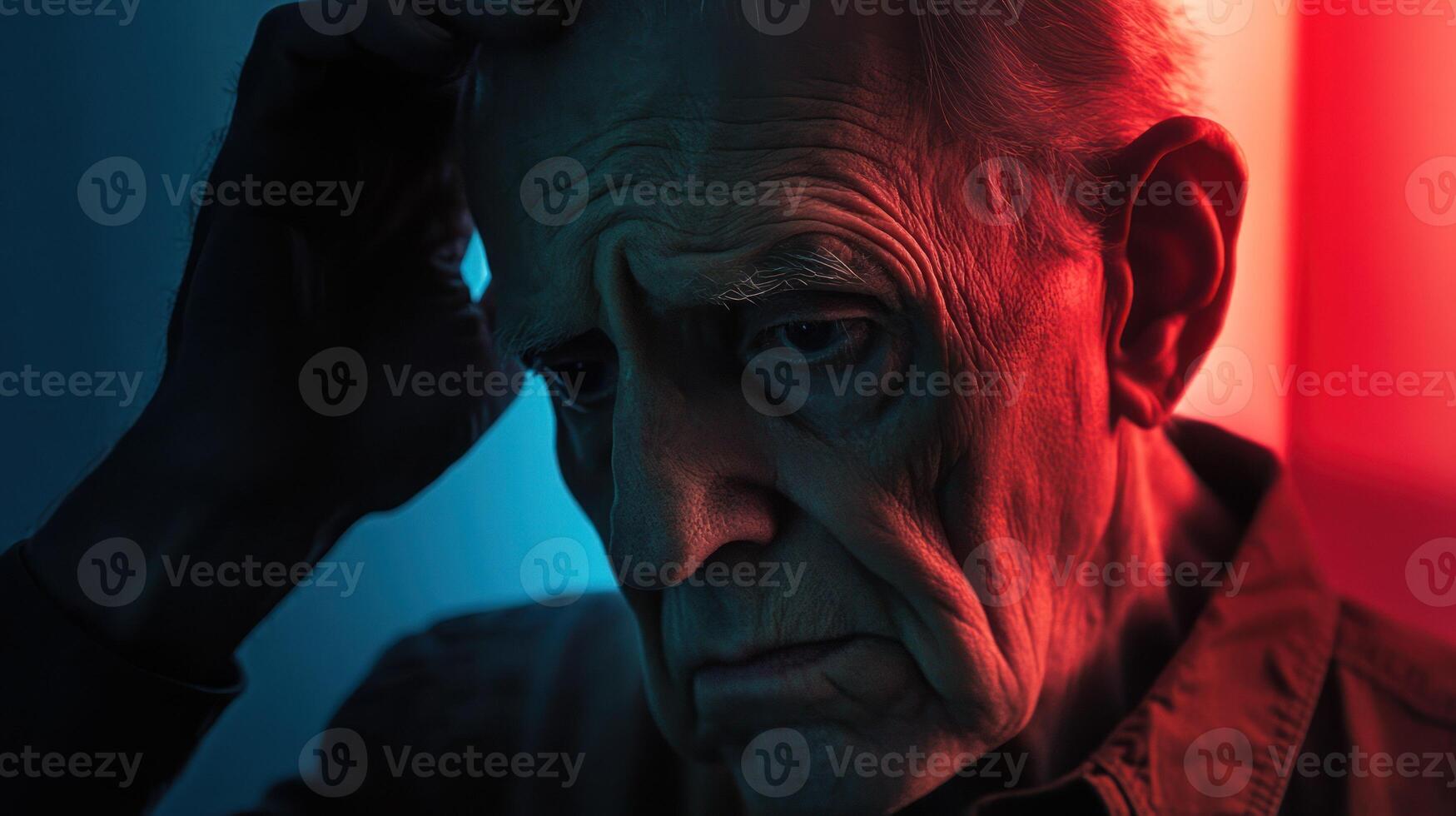 An elderly man with a worried expression in dramatic lighting. photo