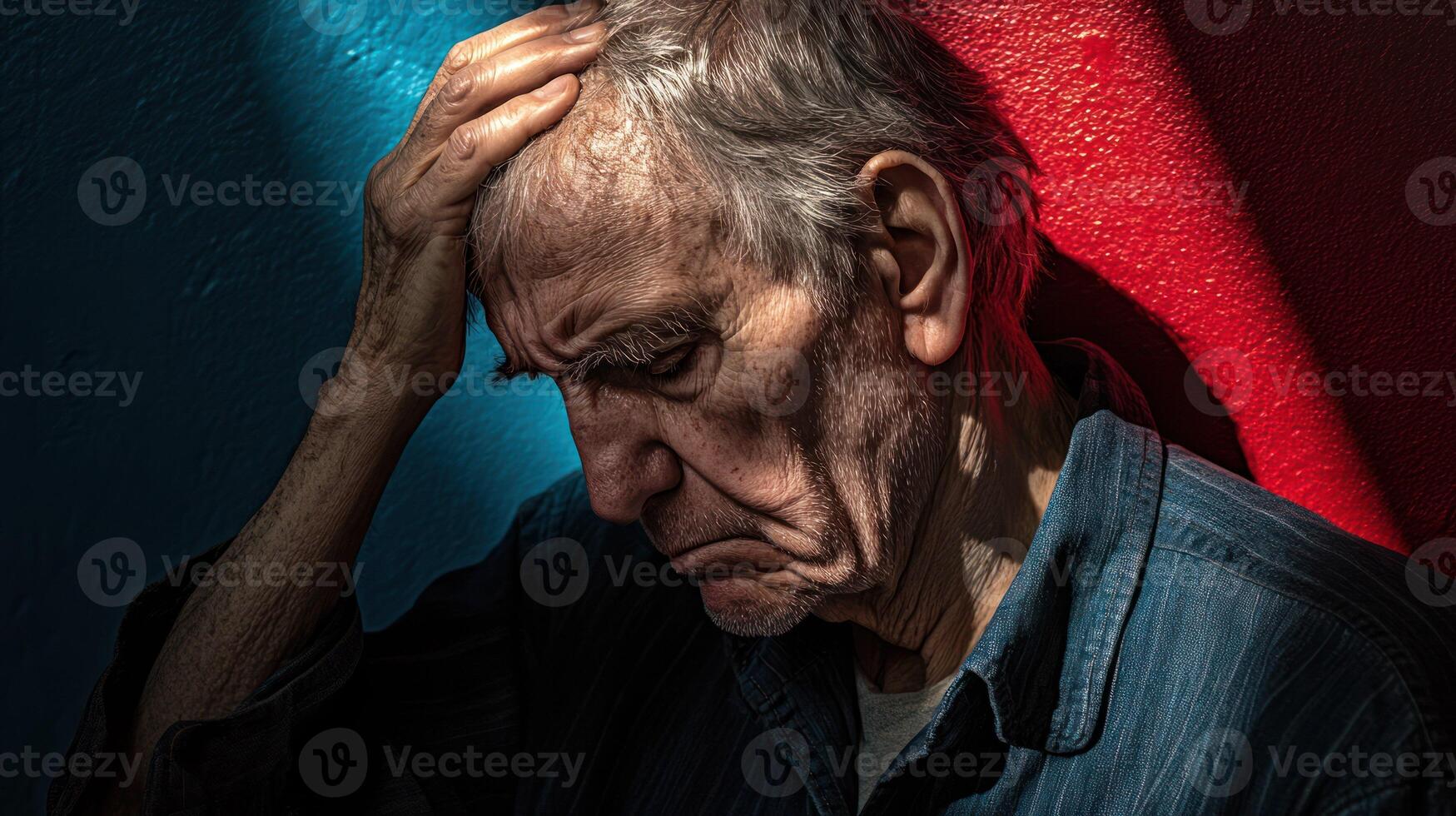 An elderly man in deep thought, illuminated by contrasting light. photo