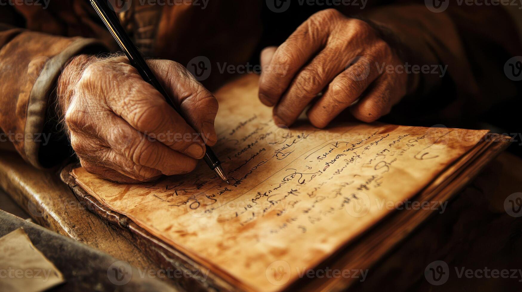 An aged hand writing thoughtfully in a vintage manuscript. photo