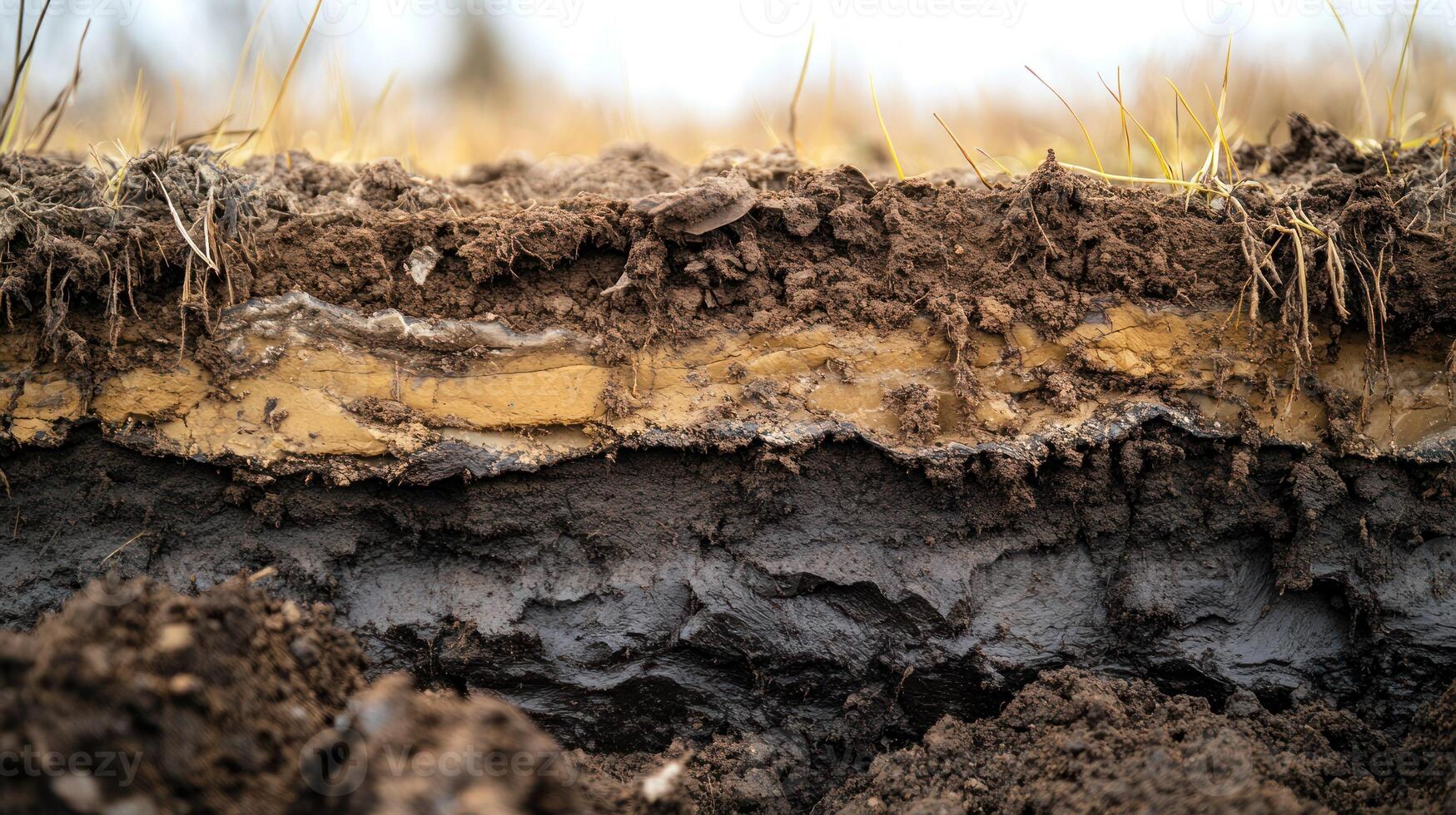 Close up view of layered soil showcasing rich earth textures. photo
