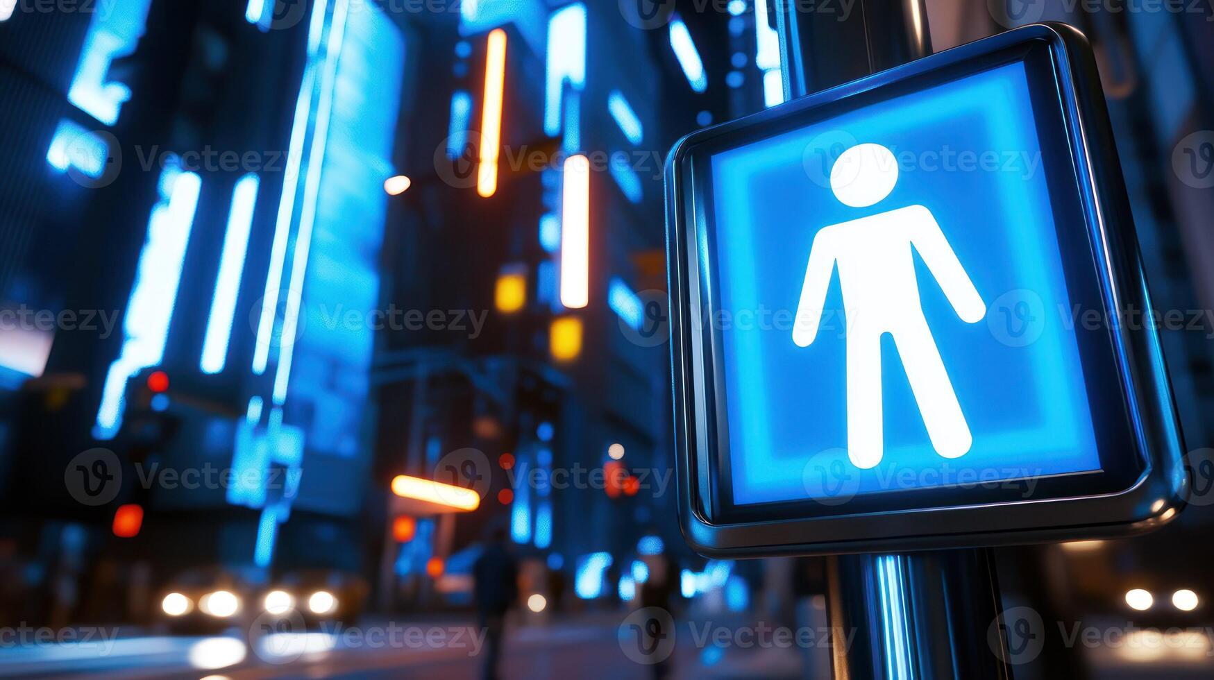 Futuristic urban scene with a glowing pedestrian crossing sign. photo