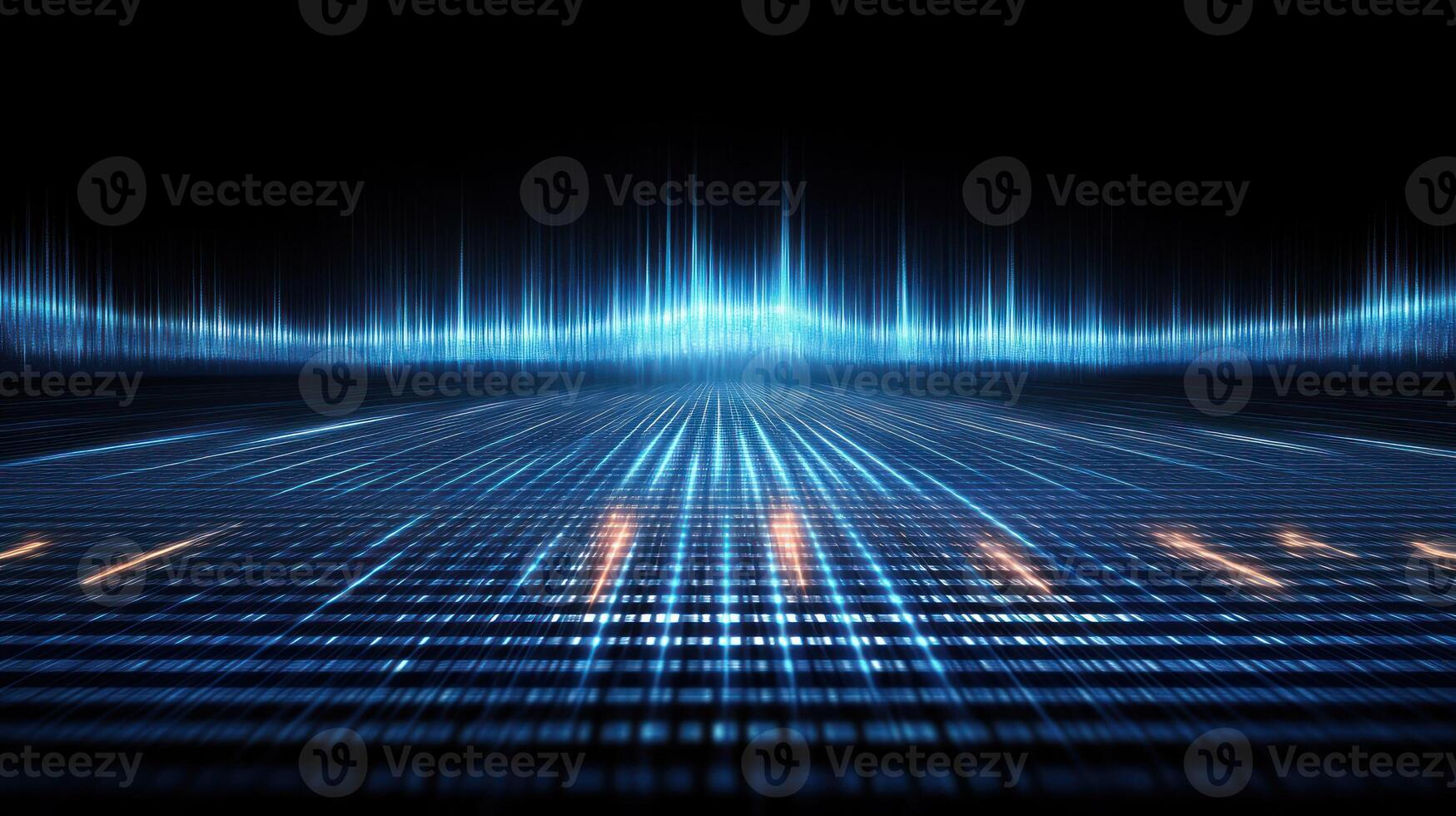 A vibrant, abstract digital landscape with blue soundwave patterns. photo