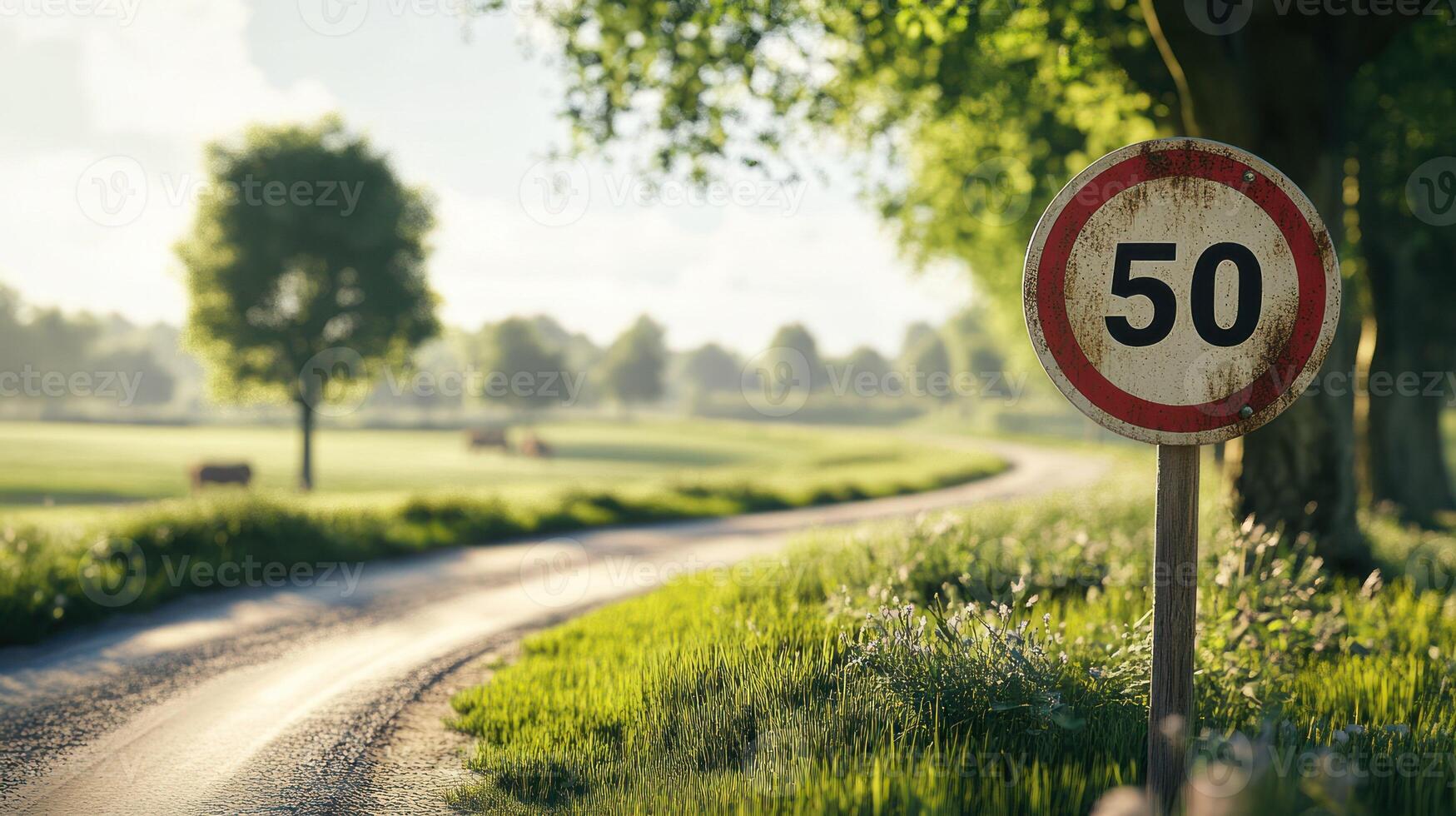A serene countryside road with a speed limit sign in lush greenery. photo