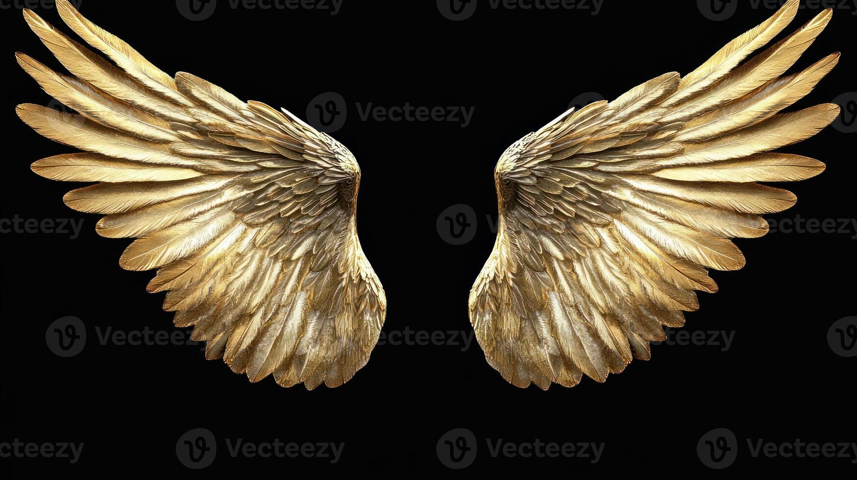 Golden angel wings against a black background, evoking beauty and elegance. photo