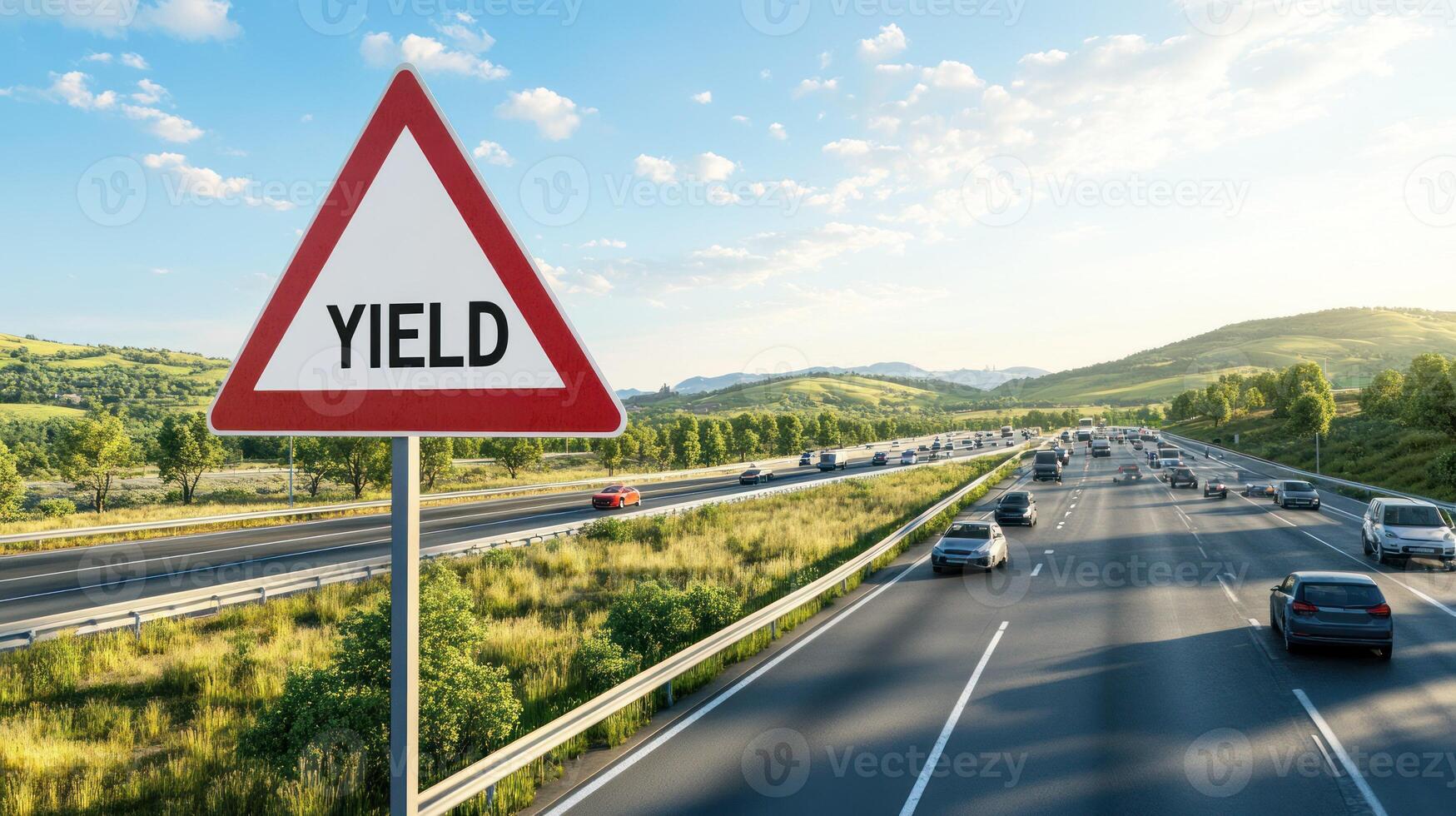 A yield sign on a highway with vehicles and lush green hills under a blue sky. photo