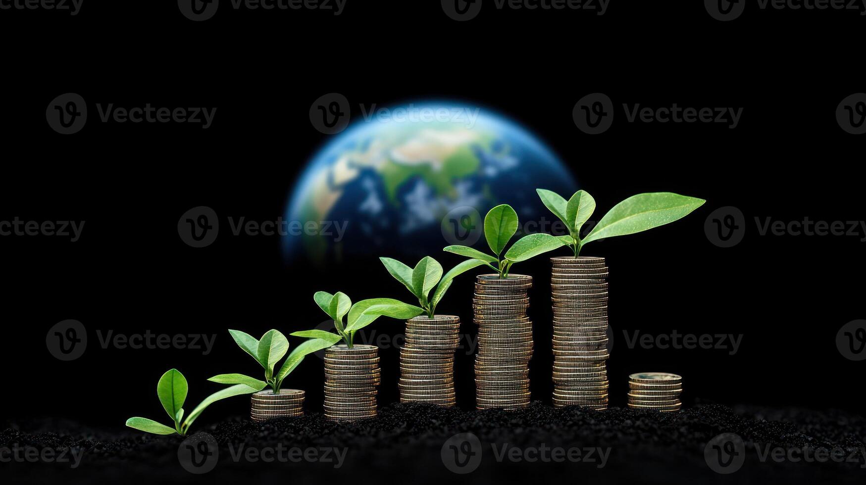Coins stacked with growing plants against a blurred earth backdrop. photo