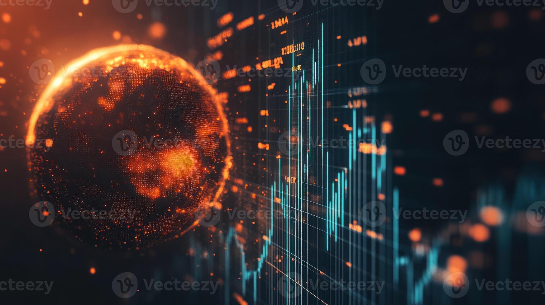 An abstract digital depiction of a globe intertwined with finance data. photo